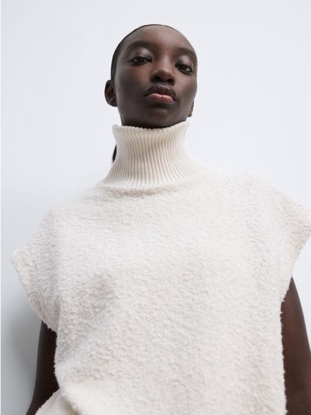 Zara Cream Turtleneck Bouclé Sweater Vest